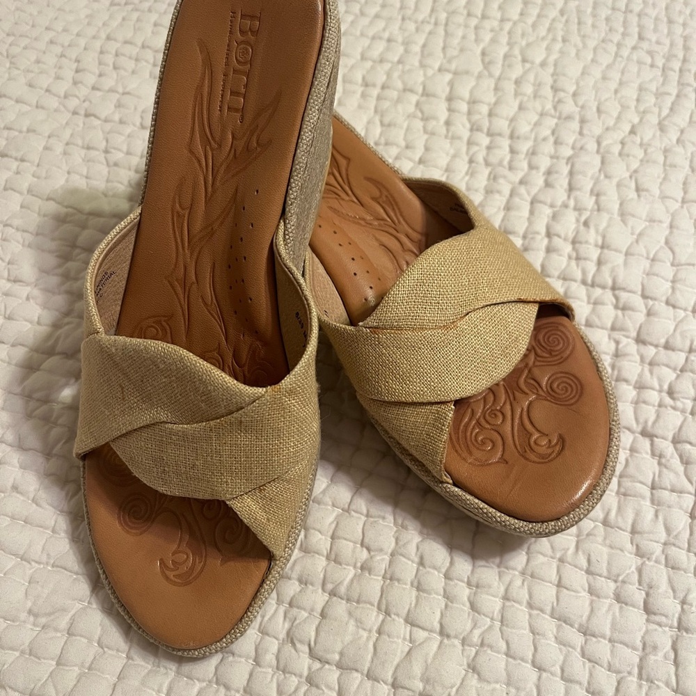 Born Beige Crisscross Slip-On Handcrafted Wedge Mules